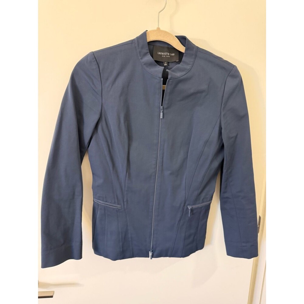 Lafayette 148 New York Navy Zip-Front Collar Jacket